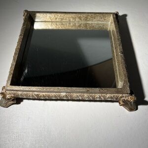 Vintage Ornate Gold Tone Mirror Tray 8x8” Vanity Jewelry Perfume Display
